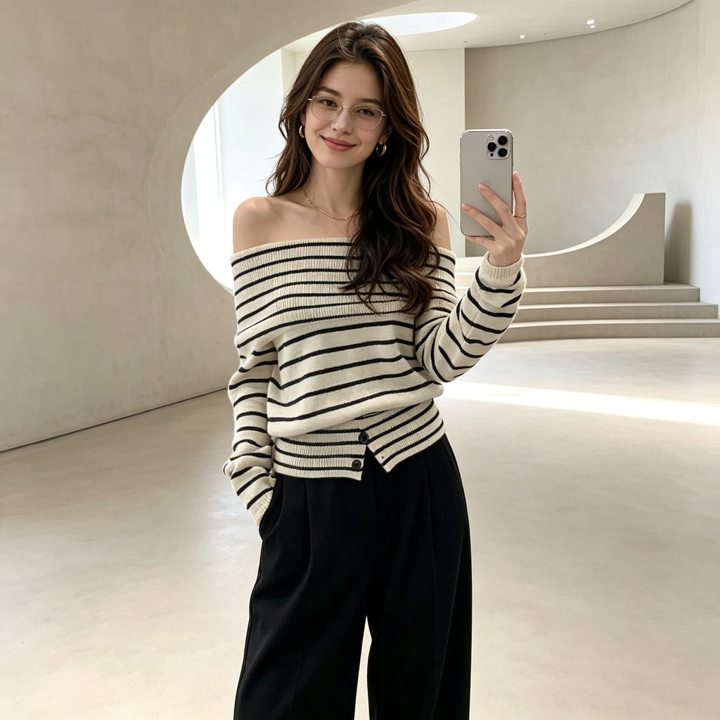 Off-Shoulder Striped Sweater | Women's Knitwear