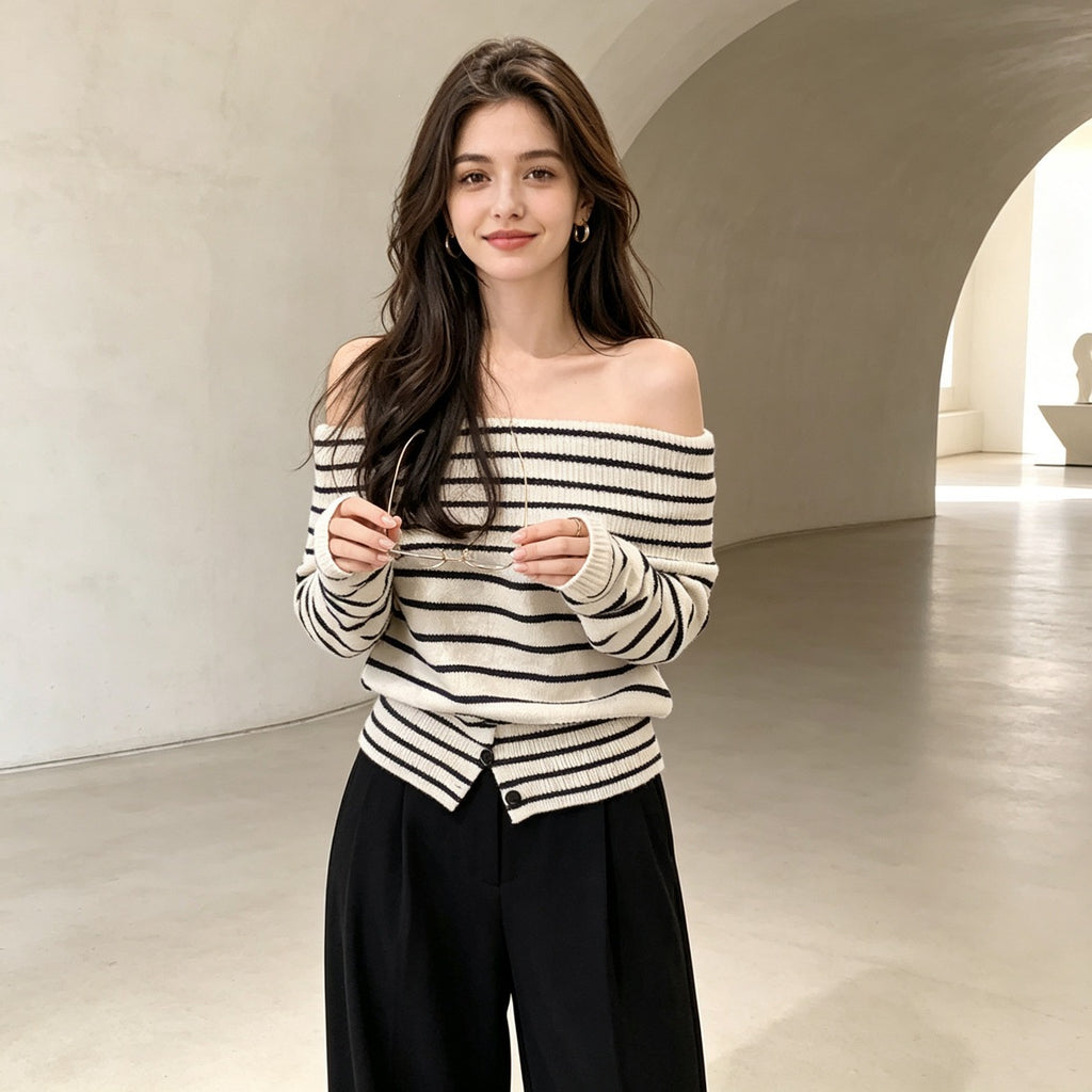 Off-Shoulder Striped Sweater | Women's Knitwear