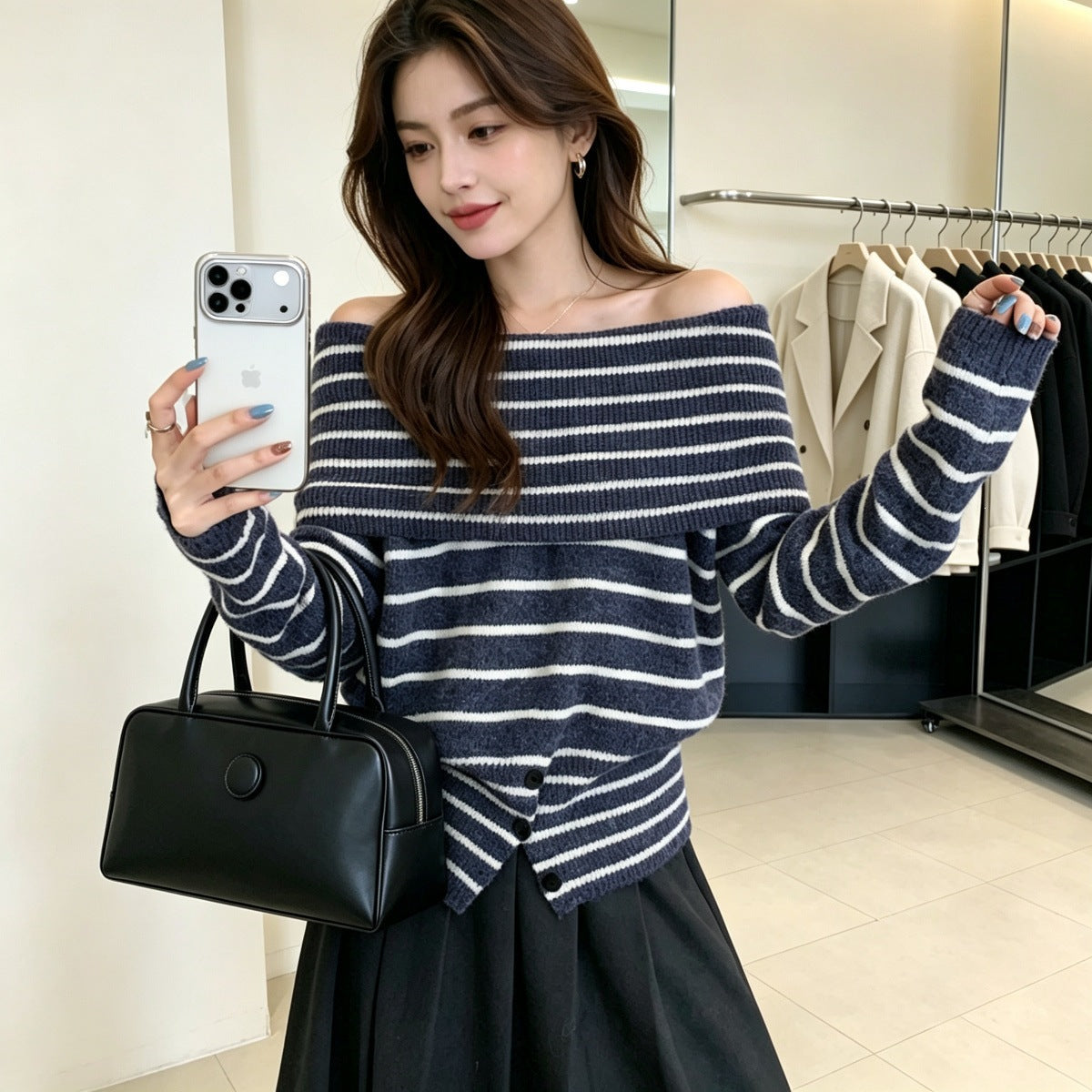 Off-Shoulder Striped Sweater | Women's Knitwear