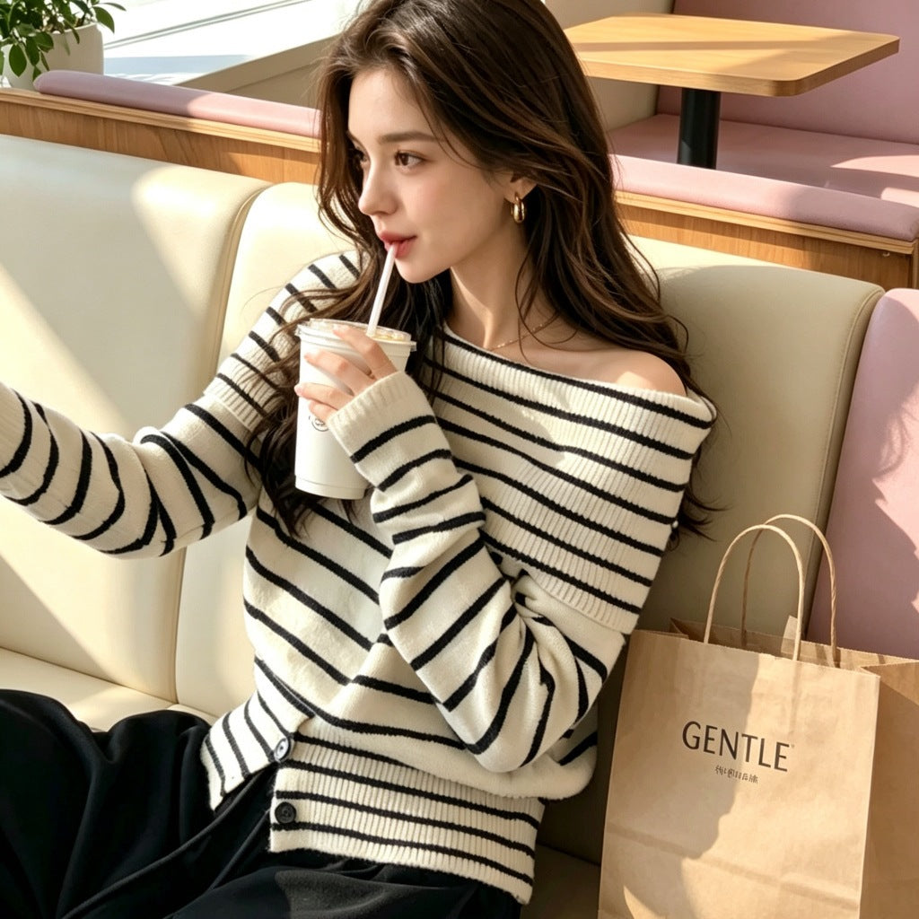 Off-Shoulder Striped Sweater | Women's Knitwear