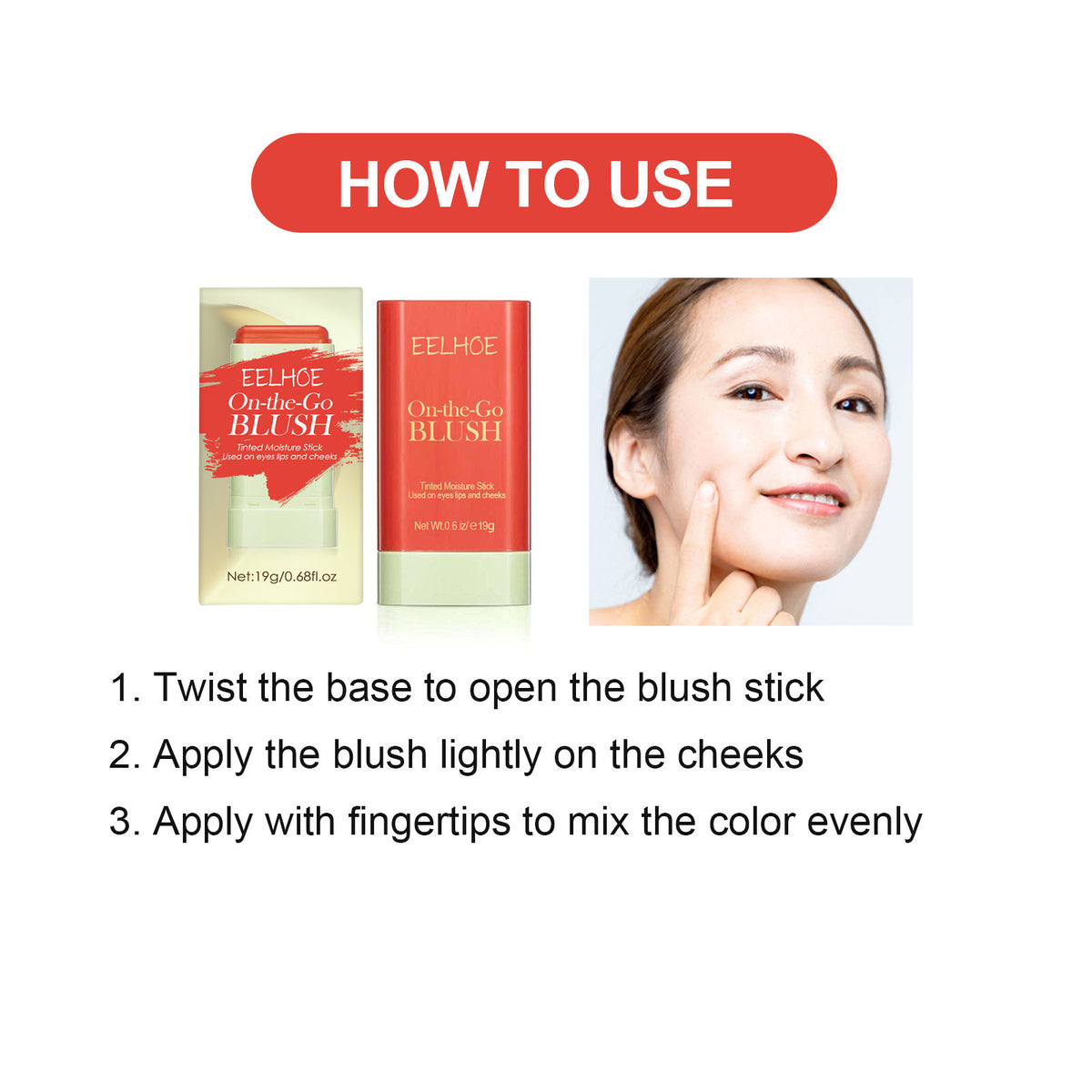 EELHOE Blush Stick Lightweight Natural Nude Makeup Brightening And Contorting Three-Dimensional Highlight Delicate Waterproof Multi-Functional Blush Stick