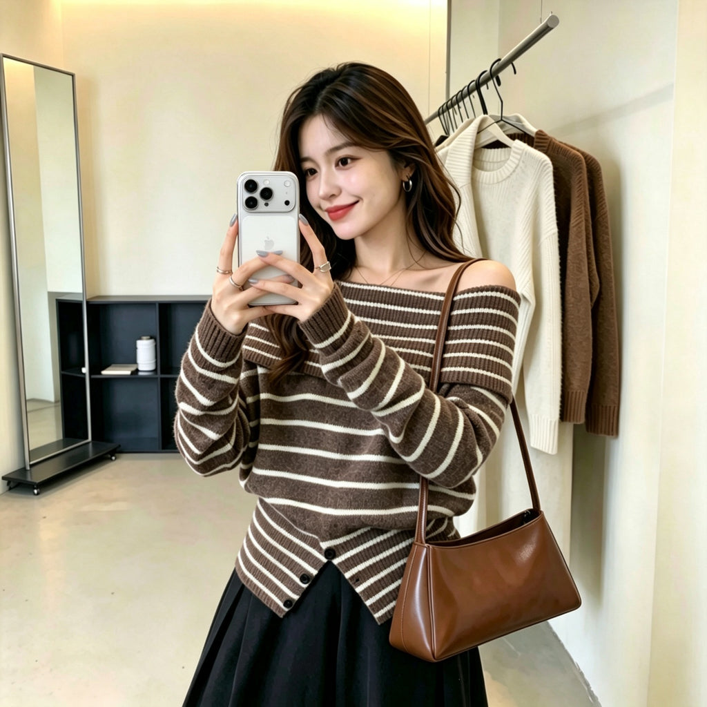 Off-Shoulder Striped Sweater | Women's Knitwear